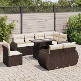 Set de sofás de jardín 9 pzas y cojines ratán sintético marrón