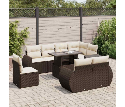 Set de sofás de jardín 9 pzas y cojines ratán sintético marrón