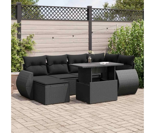Set de sofás de jardín 7 pzas con cojines ratán sintético negro