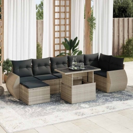 Set de sofás de jardín 8 pzas y cojines ratán sintético gris