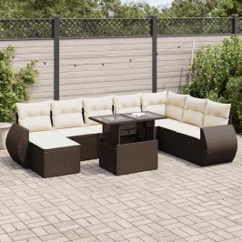 Set de sofás de jardín 9 pzas y cojines ratán sintético marrón