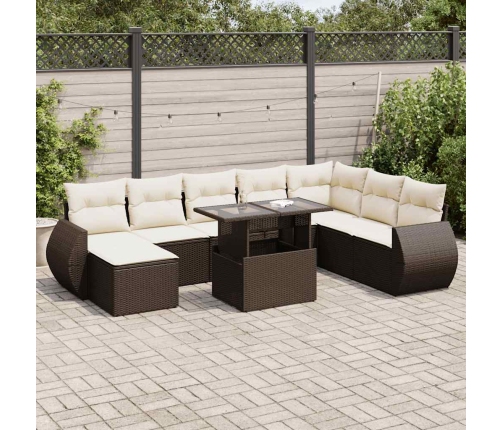 Set de sofás de jardín 9 pzas y cojines ratán sintético marrón