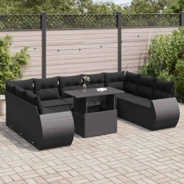 Set de sofás de jardín y cojines 10 pzas ratán sintético negro