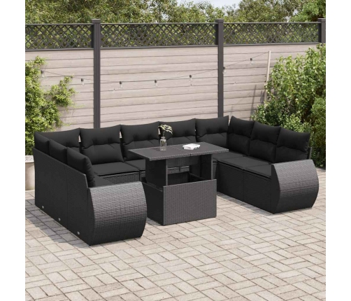 Set de sofás de jardín y cojines 10 pzas ratán sintético negro