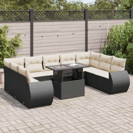 Set de sofás de jardín y cojines 10 pzas ratán sintético negro