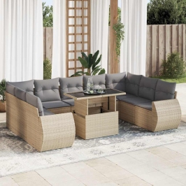 Juego de sofás jardín con cojines beige 10 pzas ratán sintético