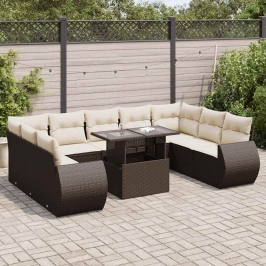 Set de sofás de jardín 10 pzas y cojines ratán sintético marrón
