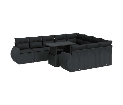 Set de sofás de jardín 11 pzas y cojines ratán sintético negro