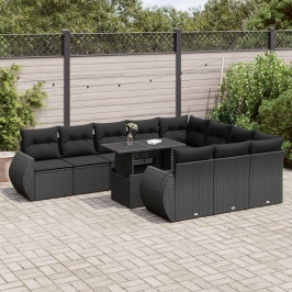 Set de sofás de jardín 11 pzas y cojines ratán sintético negro