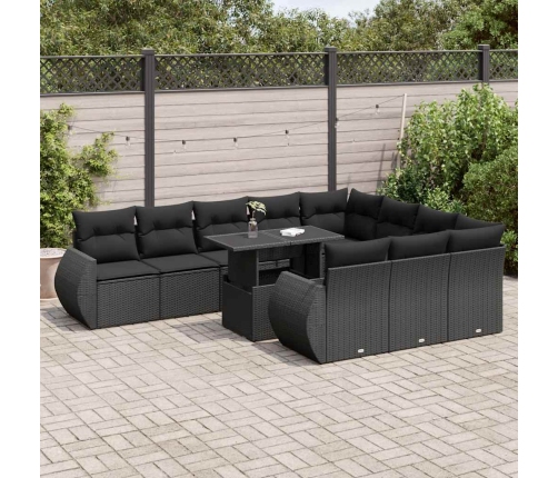 Set de sofás de jardín 11 pzas y cojines ratán sintético negro