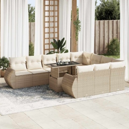 Set de sofás de jardín 11pzas con cojines ratán sintético beige