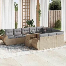 Set de sofás de jardín 11pzas con cojines ratán sintético beige