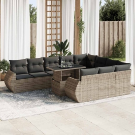 Set de sofás de jardín 11 pzas y cojines ratán sintético gris