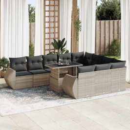Set de sofás de jardín 11 pzas y cojines ratán sintético gris
