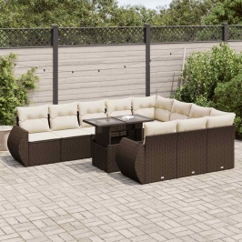 Set de sofás de jardín 11 pzas cojines ratán sintético marrón