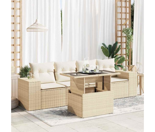 Juego de sofás jardín con cojines 5 pzas ratán sintético beige