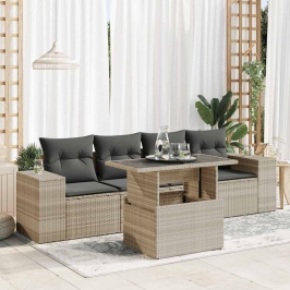 Set de sofás jardín y cojines 5 pzas ratán sintético gris claro