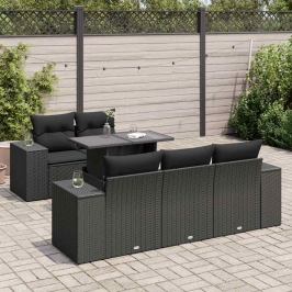 Set de sofás de jardín 6 piezas y cojines ratán sintético negro
