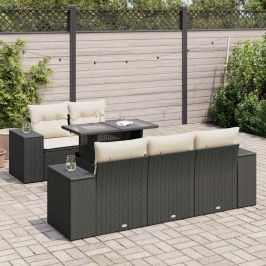 Set de sofás de jardín 6 piezas y cojines ratán sintético negro