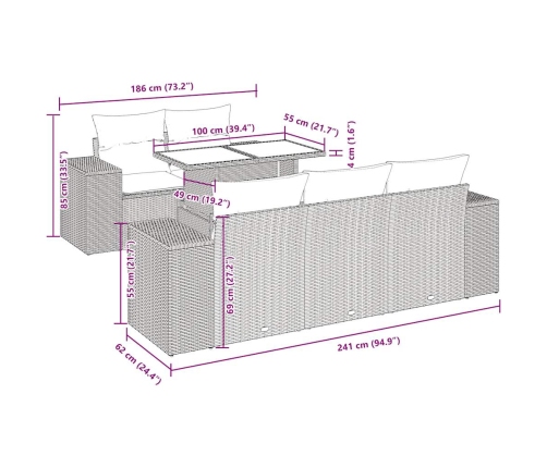 Set de muebles de jardín 6 pzas y cojines ratán sintético gris