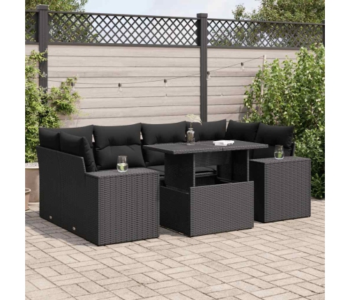 Set de sofás de jardín 7 pzas con cojines ratán sintético negro