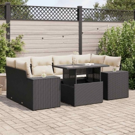 Set de sofás de jardín 7 pzas con cojines ratán sintético negro