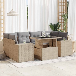 Set sofás de jardín 7 piezas y cojines ratán sintético beige