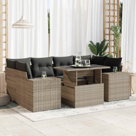 Set de sofás de jardín 7 pzas con cojines ratán sintético gris