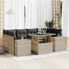 Set de sofás de jardín 7 pzas con cojines ratán PE gris claro