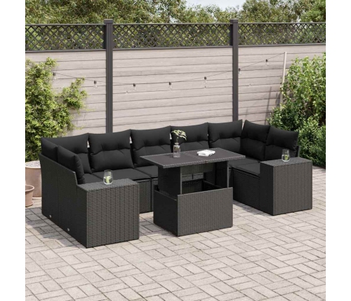 Set de sofás de jardín y cojines 8 piezas ratán sintético negro