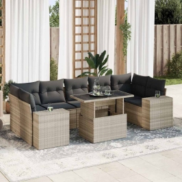 Set de sofás de jardín 8 pzas y cojines ratán sintético gris