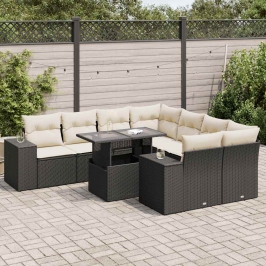 Set de sofás de jardín con cojines 9 pzas ratán sintético negro