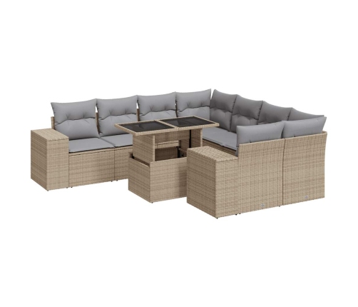 Set de sofás de jardín con cojines 9 pzas ratán sintético beige