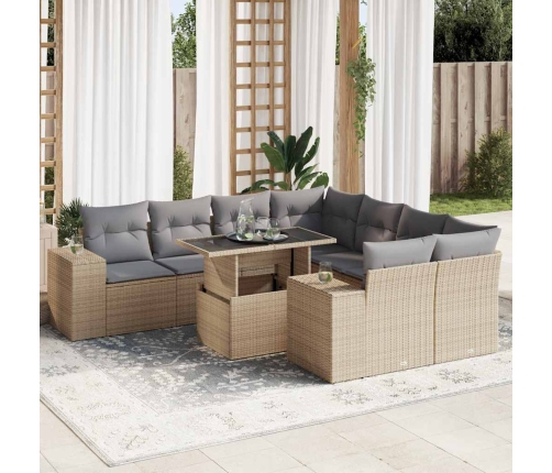 Set de sofás de jardín con cojines 9 pzas ratán sintético beige