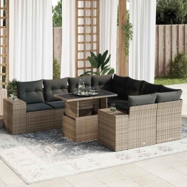 Set de sofás de jardín con cojines 9 pzas ratán sintético gris