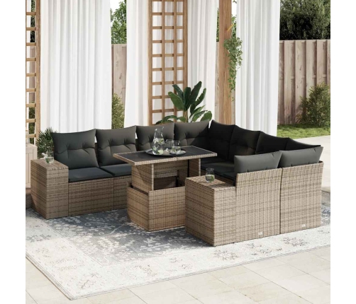 Set de sofás de jardín con cojines 9 pzas ratán sintético gris