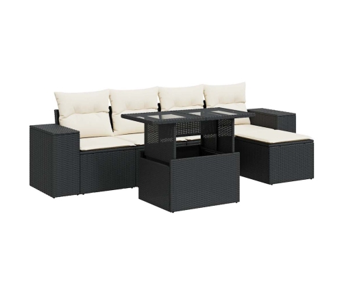 Set de sofás de jardín 6 piezas y cojines ratán sintético negro
