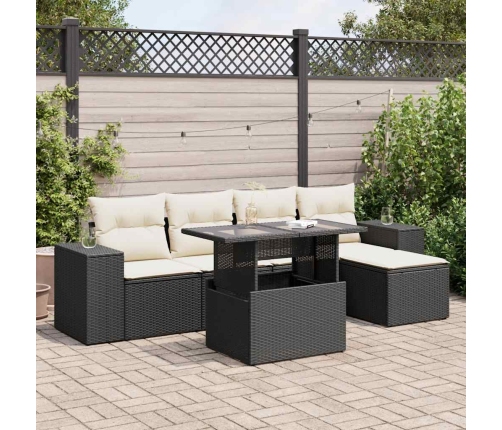 Set de sofás de jardín 6 piezas y cojines ratán sintético negro