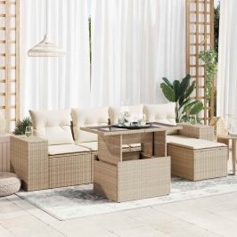 Juego de sofás jardín con cojines 6 pzas ratán sintético beige