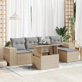 Juego de sofás jardín con cojines 6 pzas ratán sintético beige