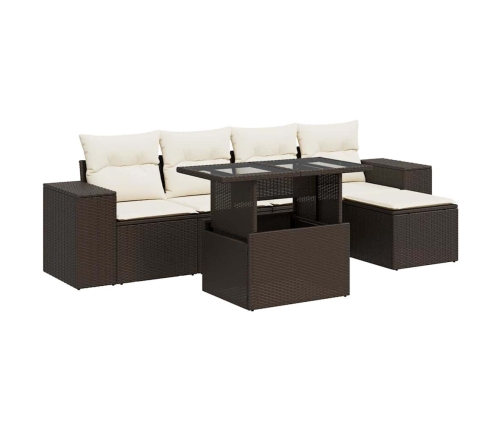 Set sofás de jardín 6 piezas y cojines ratán sintético marrón