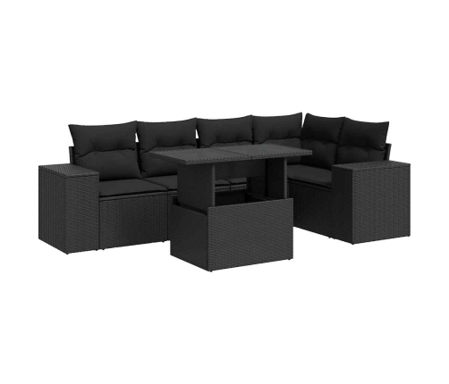 Set de sofás de jardín 6 piezas y cojines ratán sintético negro