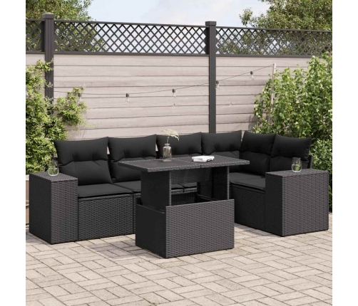 Set de sofás de jardín 6 piezas y cojines ratán sintético negro