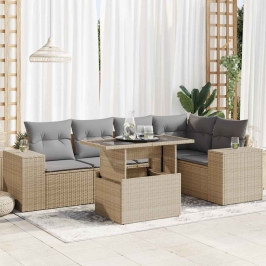 Juego de sofás jardín con cojines 6 pzas ratán sintético beige