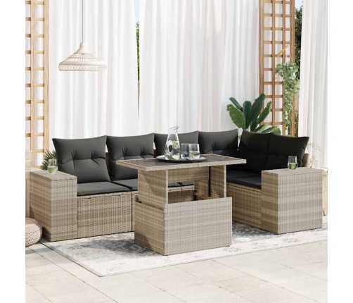 Set de sofás de jardín 6 pzas y cojines ratán sintético gris