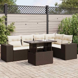 Set sofás de jardín 6 piezas y cojines ratán sintético marrón