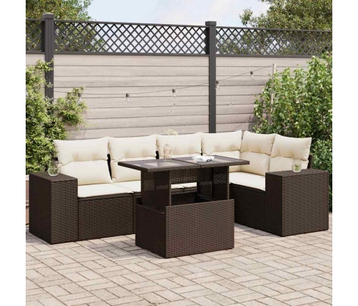 Set sofás de jardín 6 piezas y cojines ratán sintético marrón