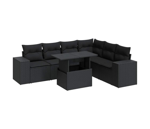 Set de sofás de jardín 7 pzas con cojines ratán sintético negro