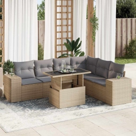 Set sofás de jardín 7 piezas y cojines ratán sintético beige