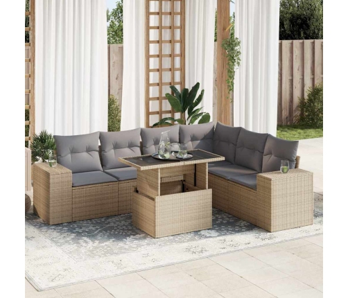Set sofás de jardín 7 piezas y cojines ratán sintético beige